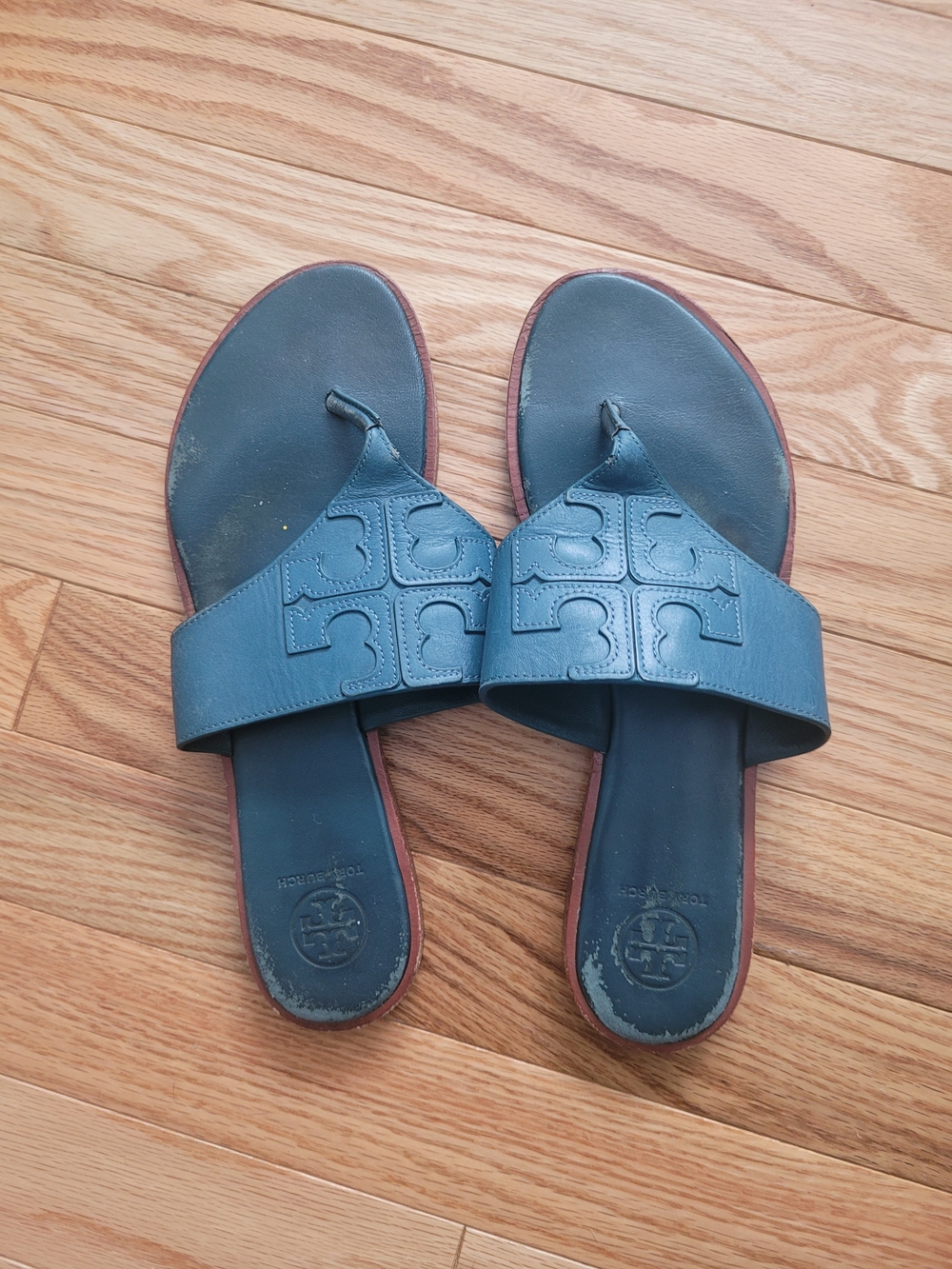 Tory Burch Teal Leather Logo Thong Sandals